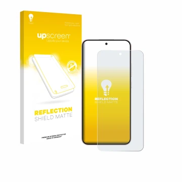 Vorderseite einer Produktverpackung mit dem Markenlogo upscreen. Daneben ist das Gerät Oppo Reno 14 F mit dem zugehörigen Disp