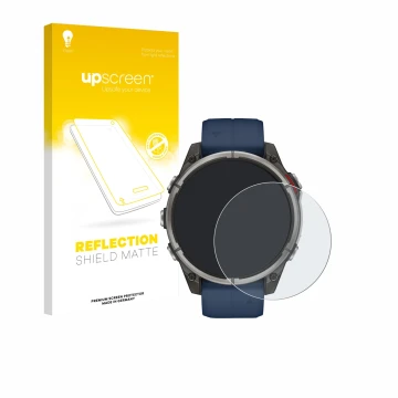 Vorderseite einer Produktverpackung mit dem Markenlogo upscreen. Daneben ist das Gerät Garmin quatix 8 (47 mm) mit dem zugehör