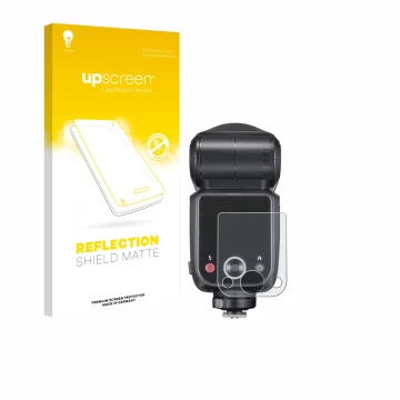 Vorderseite einer Produktverpackung mit dem Markenlogo upscreen. Daneben ist das Gerät Godox V100 mit dem zugehörigen Displays