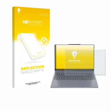 Vorderseite einer Produktverpackung mit dem Markenlogo upscreen. Daneben ist das Gerät Lenovo ThinkBook 16p Gen 6 mit dem zuge