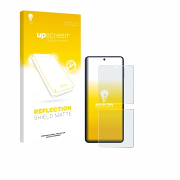 Vorderseite einer Produktverpackung mit dem Markenlogo upscreen. Daneben ist das Gerät Samsung Galaxy Z Flip 7 mit dem zugehör