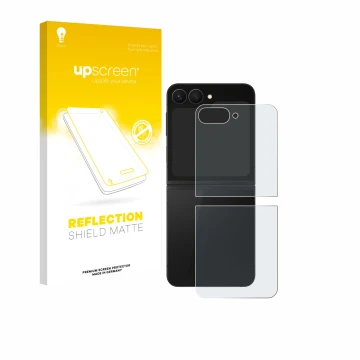 Vorderseite einer Produktverpackung mit dem Markenlogo upscreen. Daneben ist das Gerät Samsung Galaxy Z Flip 7 FE (Rückseite) 
