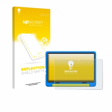 Vorderseite einer Produktverpackung mit dem Markenlogo upscreen. Daneben ist das Gerät Happybe Kids Tablet 10