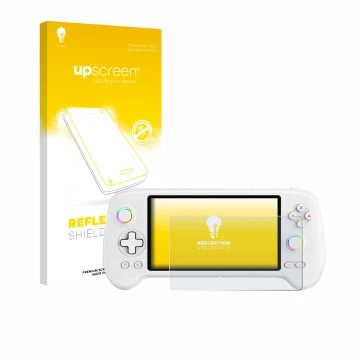 Vorderseite einer Produktverpackung mit dem Markenlogo upscreen. Daneben ist das Gerät Anbernic RG557 mit dem zugehörigen Disp