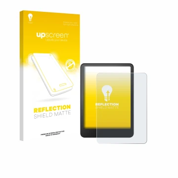 Vorderseite einer Produktverpackung mit dem Markenlogo upscreen. Daneben ist das Gerät Amazon Kindle Colorsoft mit dem zugehör