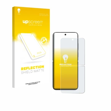 Vorderseite einer Produktverpackung mit dem Markenlogo upscreen. Daneben ist das Gerät Xiaomi MIX Flip mit dem zugehörigen Dis