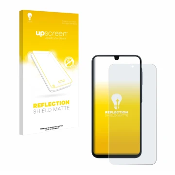 Vorderseite einer Produktverpackung mit dem Markenlogo upscreen. Daneben ist das Gerät Samsung Galaxy A17 4G mit dem zugehörig