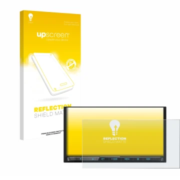 Vorderseite einer Produktverpackung mit dem Markenlogo upscreen. Daneben ist das Gerät Kenwood DMX8021DABS mit dem zugehörigen