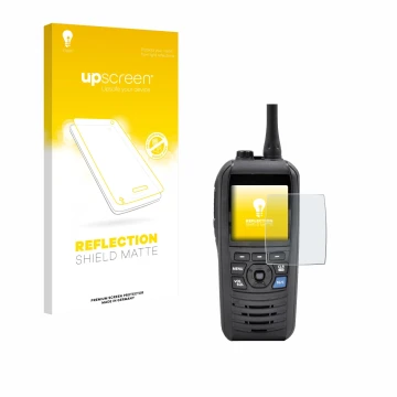 Vorderseite einer Produktverpackung mit dem Markenlogo upscreen. Daneben ist das Gerät Icom IC-M94D mit dem zugehörigen Displa