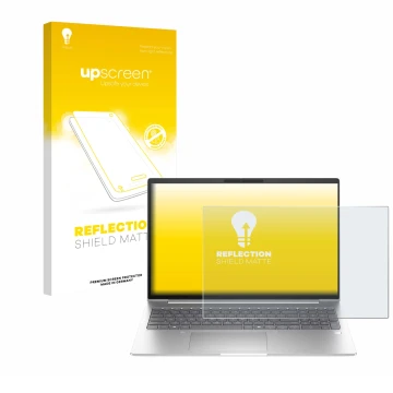 Vorderseite einer Produktverpackung mit dem Markenlogo upscreen. Daneben ist das Gerät HP EliteBook 6 G1i 13 mit dem zugehörig