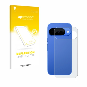 Vorderseite einer Produktverpackung mit dem Markenlogo upscreen. Daneben ist das Gerät Google Pixel 10 (Rückseite) mit dem zug