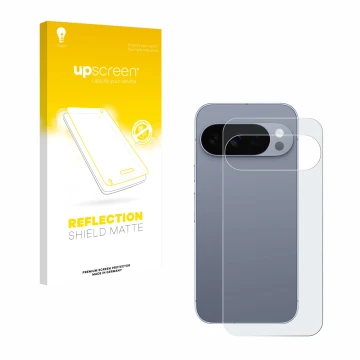 Vorderseite einer Produktverpackung mit dem Markenlogo upscreen. Daneben ist das Gerät Google Pixel 10 Pro (Rückseite) mit dem