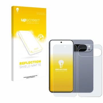 Vorderseite einer Produktverpackung mit dem Markenlogo upscreen. Daneben ist das Gerät Google Pixel 10 Pro XL (Display+Rücksei