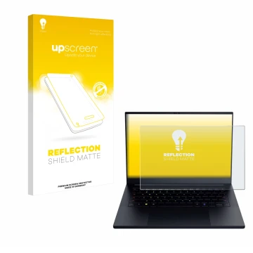 Vorderseite einer Produktverpackung mit dem Markenlogo upscreen. Daneben ist das Gerät Razer Blade 14 2025 mit dem zugehörigen