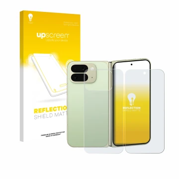 Vorderseite einer Produktverpackung mit dem Markenlogo upscreen. Daneben ist das Gerät Google Pixel 10 Pro Fold (Display+Rücks