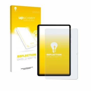 Vorderseite einer Produktverpackung mit dem Markenlogo upscreen. Daneben ist das Gerät Samsung Galaxy Tab S11 (Hochformat) mit