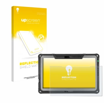 Vorderseite einer Produktverpackung mit dem Markenlogo upscreen. Daneben ist das Gerät Getac F110 G7 mit dem zugehörigen Displ