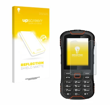 Vorderseite einer Produktverpackung mit dem Markenlogo upscreen. Daneben ist das Gerät Gigaset GLX8 mit dem zugehörigen Displa