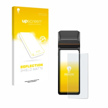 Vorderseite einer Produktverpackung mit dem Markenlogo upscreen. Daneben ist das Gerät Sunmi V3H mit dem zugehörigen Displaysc