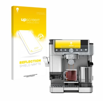 Vorderseite einer Produktverpackung mit dem Markenlogo upscreen. Daneben ist das Gerät Ninja Luxe Cafe Pro ES701EU mit dem zug