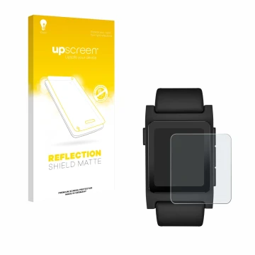 Vorderseite einer Produktverpackung mit dem Markenlogo upscreen. Daneben ist das Gerät Pebble 2 Duo 2025 mit dem zugehörigen D