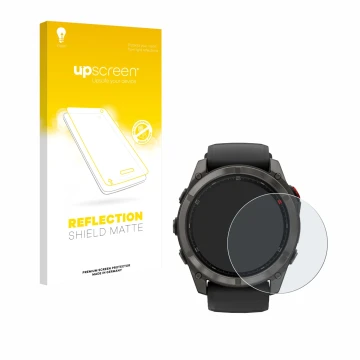 Vorderseite einer Produktverpackung mit dem Markenlogo upscreen. Daneben ist das Gerät Garmin Fenix 8 Pro MicroLED (51 mm) mit