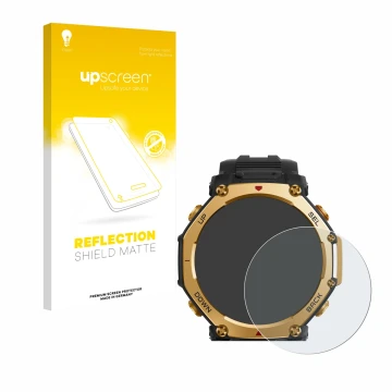 Vorderseite einer Produktverpackung mit dem Markenlogo upscreen. Daneben ist das Gerät Huami Amazfit T-Rex 3 Pro (48 mm) mit d