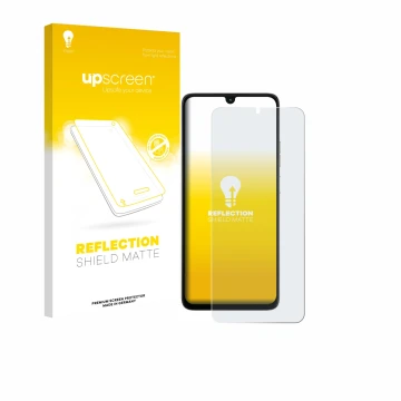 Vorderseite einer Produktverpackung mit dem Markenlogo upscreen. Daneben ist das Gerät Motorola Moto G06 mit dem zugehörigen D