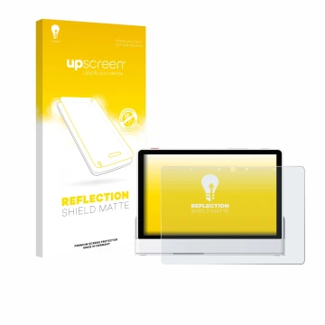 Vorderseite einer Produktverpackung mit dem Markenlogo upscreen. Daneben ist das Gerät eufy Smart Display E10 mit dem zugehöri