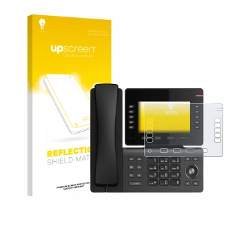 Vorderseite einer Produktverpackung mit dem Markenlogo upscreen. Daneben ist das Gerät Snom D865 mit dem zugehörigen Displaysc