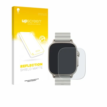 Vorderseite einer Produktverpackung mit dem Markenlogo upscreen. Daneben ist das Gerät realme Watch 5 mit dem zugehörigen Disp