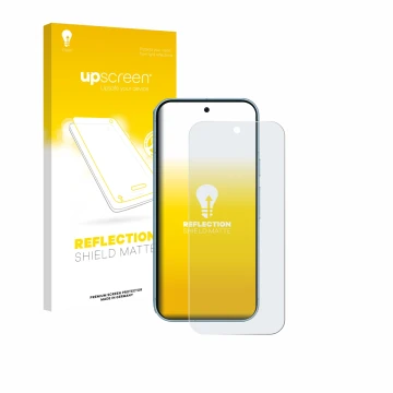 Vorderseite einer Produktverpackung mit dem Markenlogo upscreen. Daneben ist das Gerät Google Pixel 9 (case-friendly) mit dem 