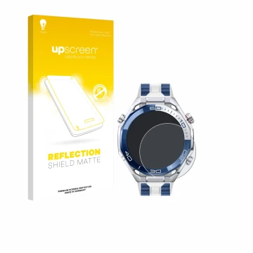 Vorderseite einer Produktverpackung mit dem Markenlogo upscreen. Daneben ist das Gerät Huawei Watch Ultimate 2 Blue mit dem zu