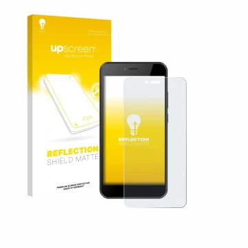 Vorderseite einer Produktverpackung mit dem Markenlogo upscreen. Daneben ist das Gerät HTC Wildfire E5 Life mit dem zugehörige