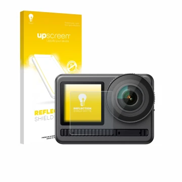 Vorderseite einer Produktverpackung mit dem Markenlogo upscreen. Daneben ist das Gerät Akaso Brave 8 (Vorderes Display) mit de