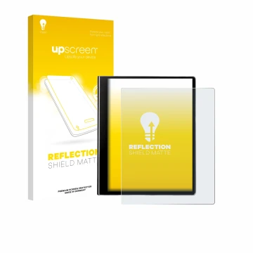 Vorderseite einer Produktverpackung mit dem Markenlogo upscreen. Daneben ist das Gerät eazeye Paper 2.0 mit dem zugehörigen Di