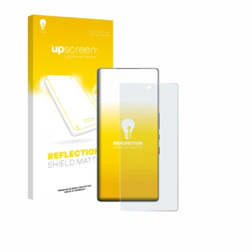 Vorderseite einer Produktverpackung mit dem Markenlogo upscreen. Daneben ist das Gerät ZTE Nubia Red Magic 11 Pro+ mit dem zug