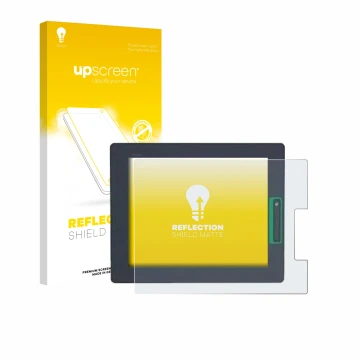 Vorderseite einer Produktverpackung mit dem Markenlogo upscreen. Daneben ist das Gerät Schneider-electric HMIDT542 mit dem zug