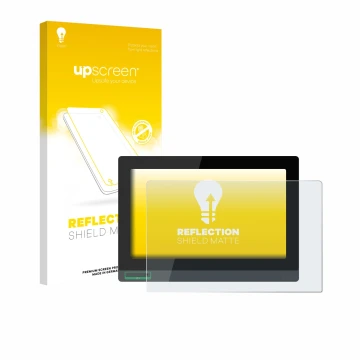 Vorderseite einer Produktverpackung mit dem Markenlogo upscreen. Daneben ist das Gerät Schneider-electric HMIDT952 mit dem zug