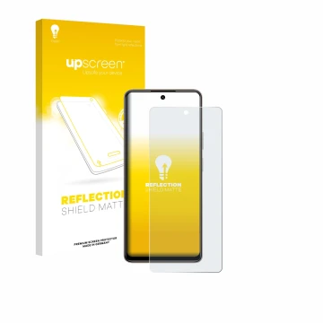 Vorderseite einer Produktverpackung mit dem Markenlogo upscreen. Daneben ist das Gerät Tecno Pova 7 mit dem zugehörigen Displa