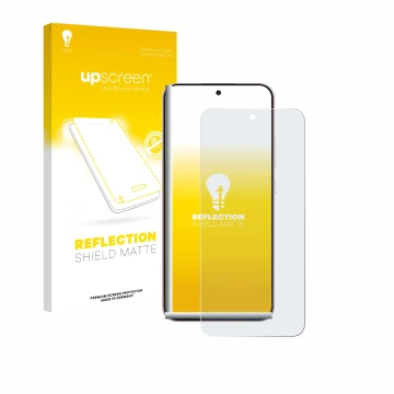 Vorderseite einer Produktverpackung mit dem Markenlogo upscreen. Daneben ist das Gerät Oppo Reno 14 mit dem zugehörigen Displa