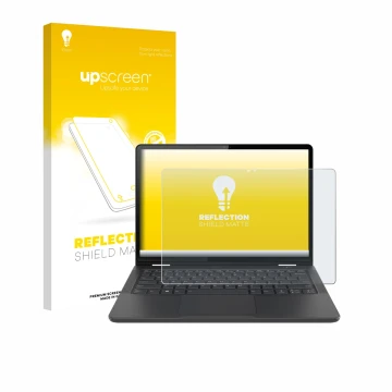 Vorderseite einer Produktverpackung mit dem Markenlogo upscreen. Daneben ist das Gerät Lenovo 13w Yoga Gen 2 mit dem zugehörig
