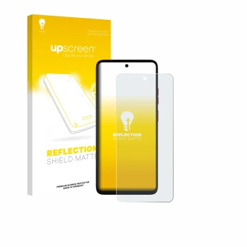 Vorderseite einer Produktverpackung mit dem Markenlogo upscreen. Daneben ist das Gerät Motorola Moto G57 Power mit dem zugehör