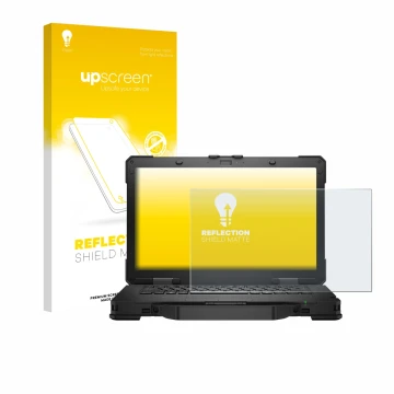 Vorderseite einer Produktverpackung mit dem Markenlogo upscreen. Daneben ist das Gerät Dell Pro Rugged 14 Laptop mit dem zugeh