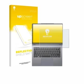 Vorderseite einer Produktverpackung mit dem Markenlogo upscreen. Daneben ist das Gerät Tuxedo InfinityBook Pro 14 Gen 10 mit d