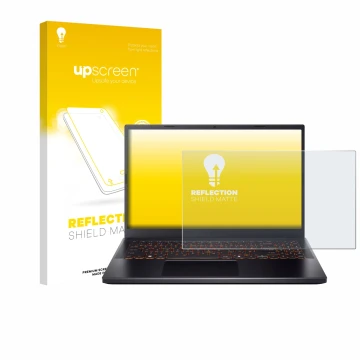 Vorderseite einer Produktverpackung mit dem Markenlogo upscreen. Daneben ist das Gerät Acer Nitro V 15 mit dem zugehörigen Dis