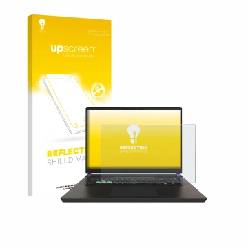 Vorderseite einer Produktverpackung mit dem Markenlogo upscreen. Daneben ist das Gerät MSI Vector 17 HX mit dem zugehörigen Di