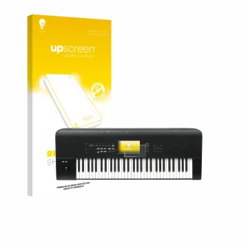 Vorderseite einer Produktverpackung mit dem Markenlogo upscreen. Daneben ist das Gerät KORG Nautilus 61 mit dem zugehörigen Di