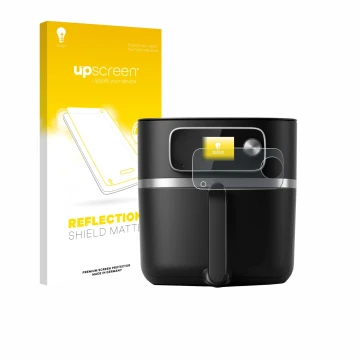Vorderseite einer Produktverpackung mit dem Markenlogo upscreen. Daneben ist das Gerät Philips Airfryer HD9880/90 mit dem zuge