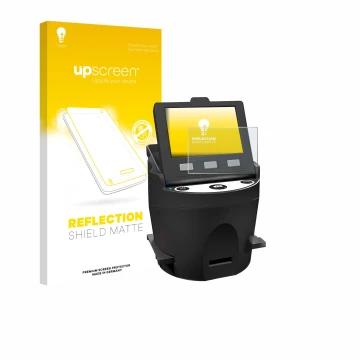 Vorderseite einer Produktverpackung mit dem Markenlogo upscreen. Daneben ist das Gerät Kodak SCANZA mit dem zugehörigen Displa